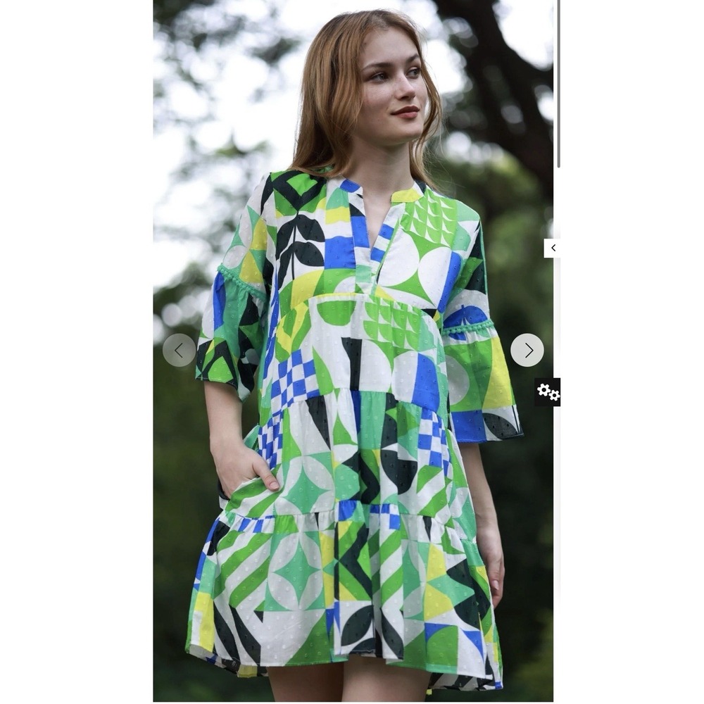Maude Vivante BAUHAUS WENDY DRESS Green Vibrant Print Resort Dress Size XS